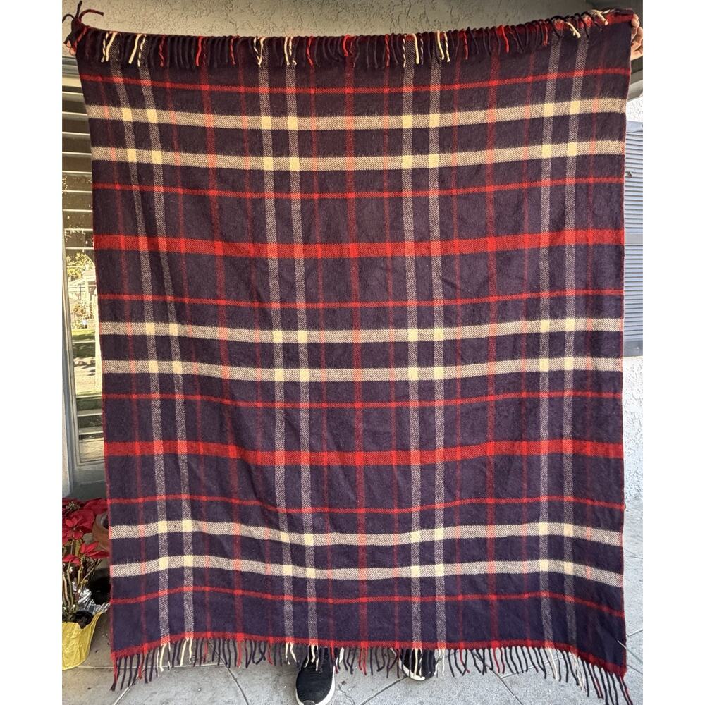 Vtg 60’s 100% Wool Throw Blanket Red Blue Tartan Plaid MCM Small Twin 76x55